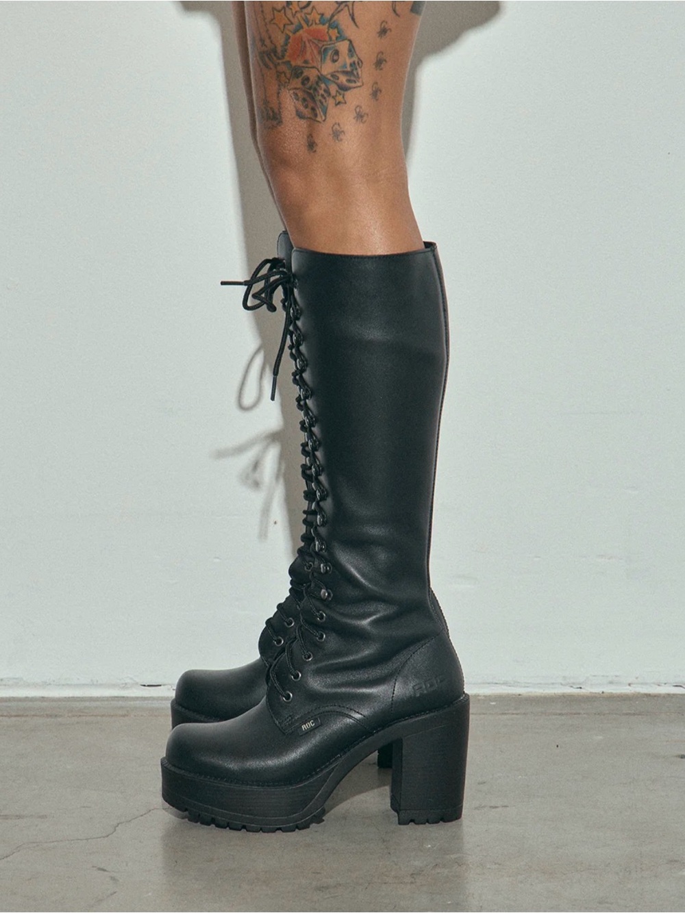 ROC Lash Black Knee-High Lace-Up Platform Boots with Stud Accents Size 41